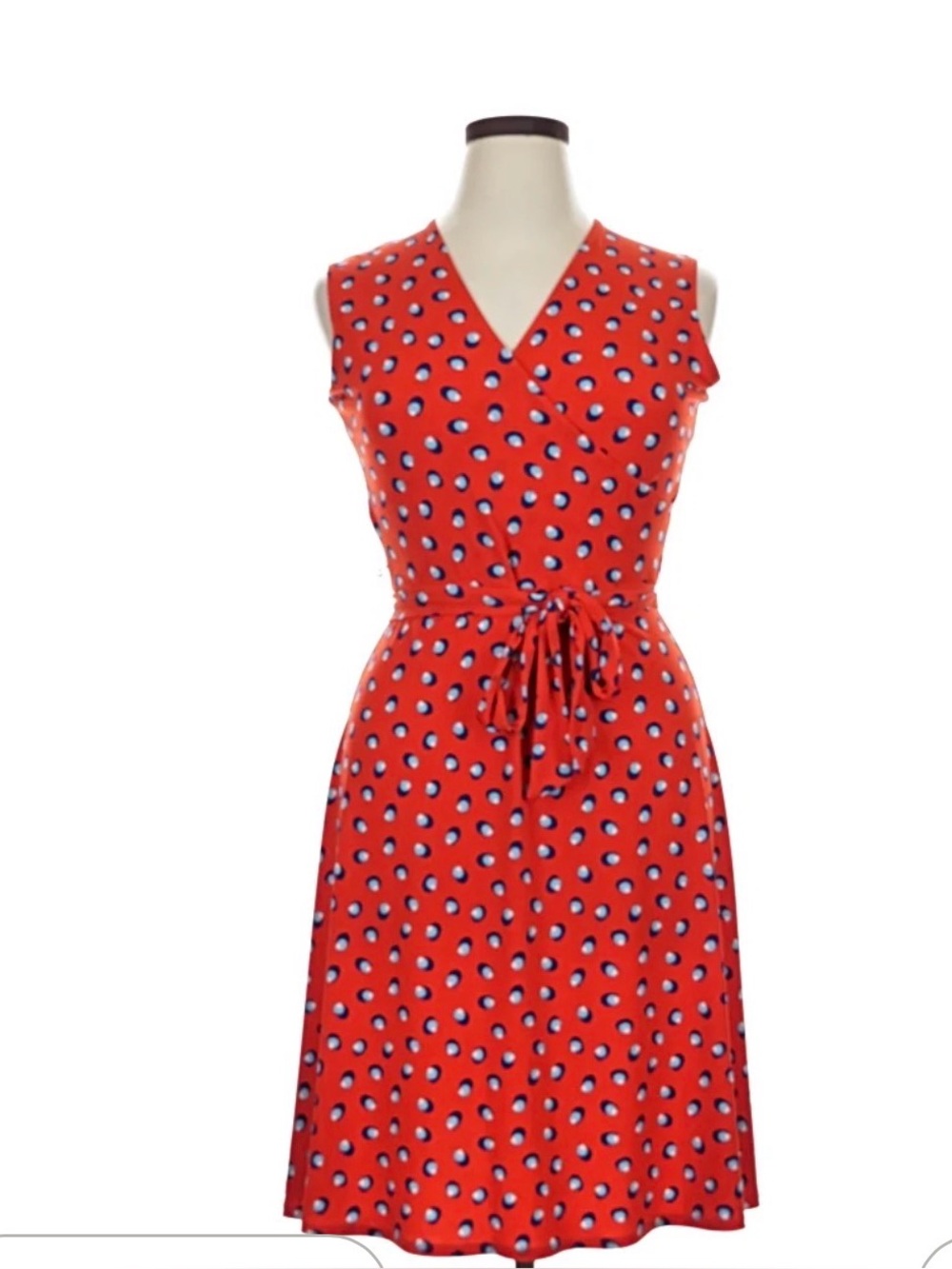 Leota Red Sleeveless Wrap Midi Dress with White & Black Dots